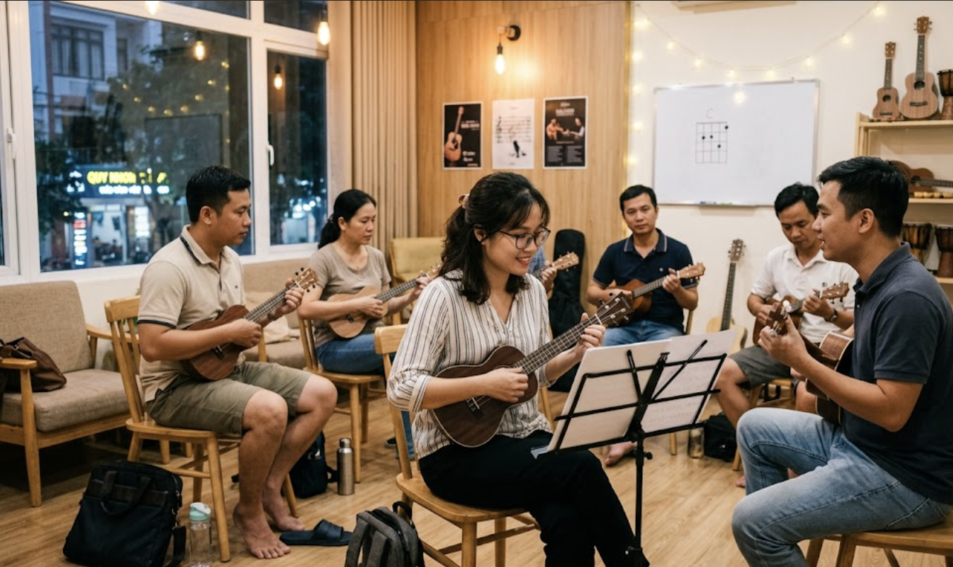 Người đi làm vẫn có thể học ukulele dễ dàng và thư giãn sau giờ làm.