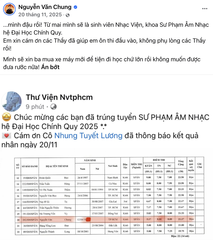 Chia sẻ của nhạc sĩ Nguyễn Văn Chung trên Facebook cá nhân. Ảnh chụp màn hình.