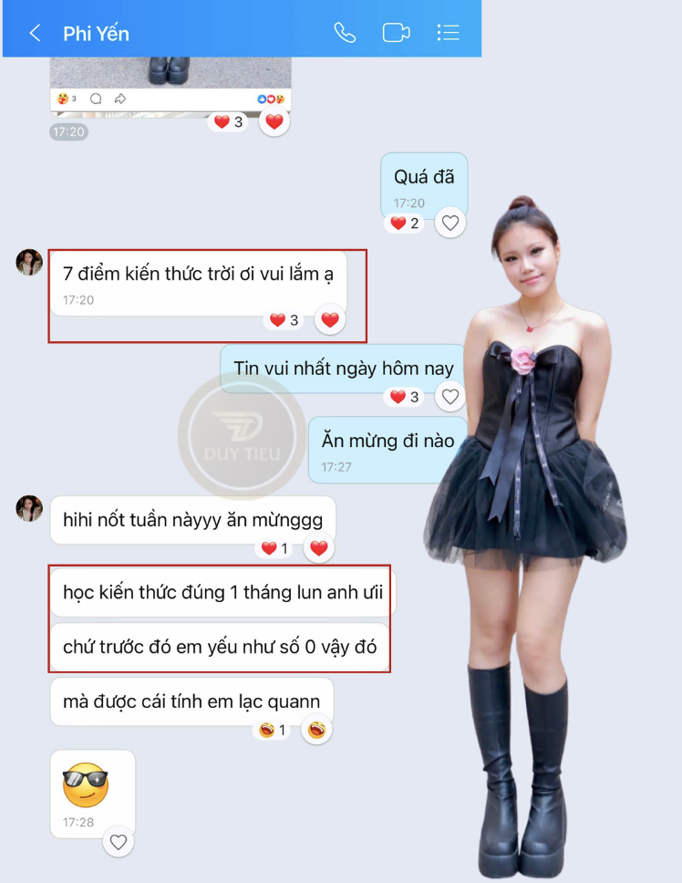 Tin nhắn chia sẻ niềm vui của học viên Phi Yến sau khi biết điểm thi