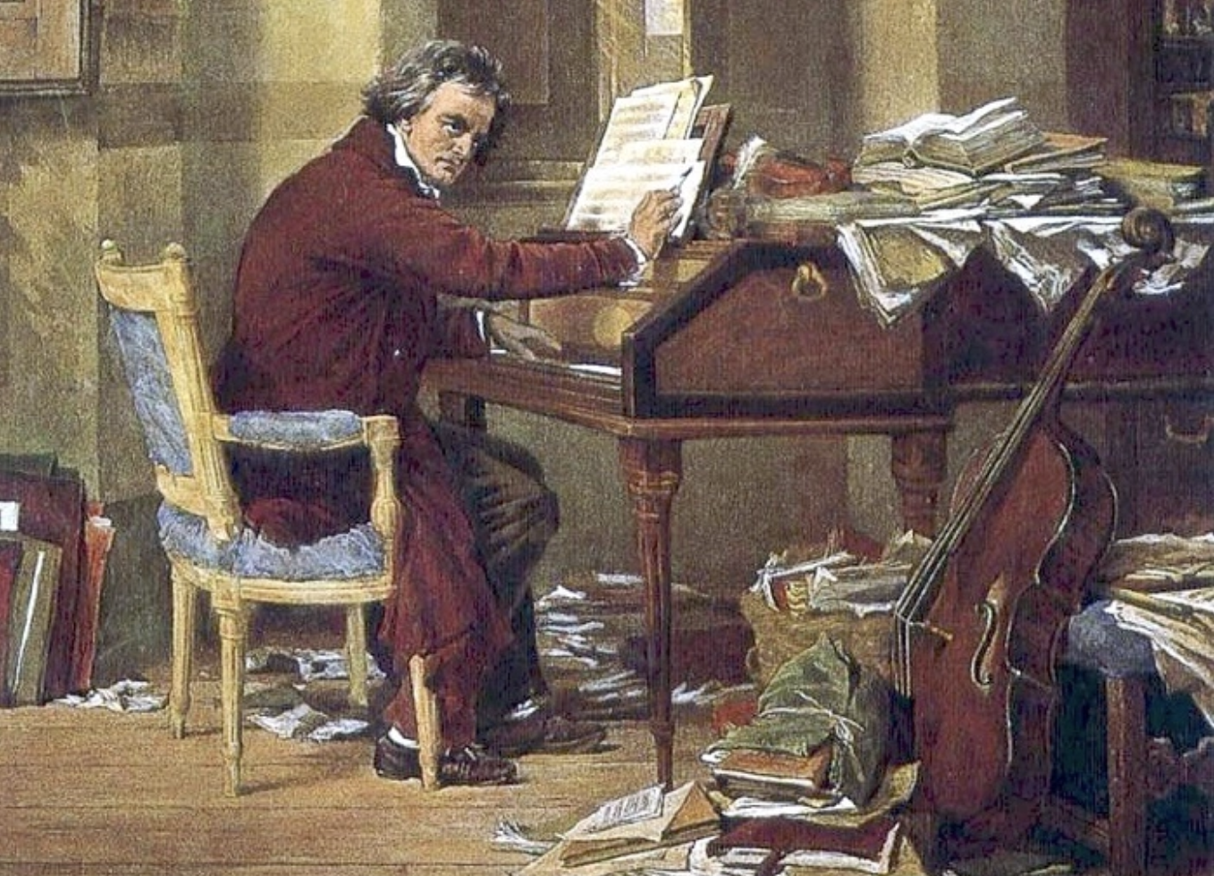 Nhà soạn nhạc tiêu biểu thời kỳ Cổ điển, L.v. Beethoven bên cây đàn piano. Tranh của Schloesser