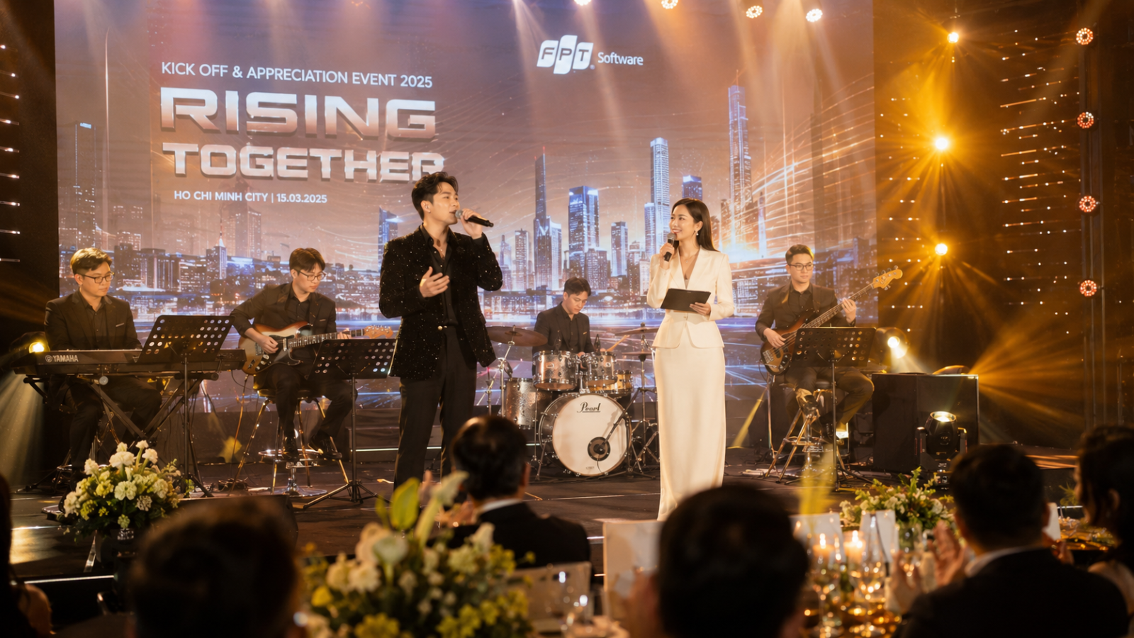  Sự phối hợp chặt chẽ, chuyên nghiệp giữa ca sĩ, MC và ban nhạc live là chiếc chìa khóa vàng giúp đêm tiệc diễn ra trọn vẹn.