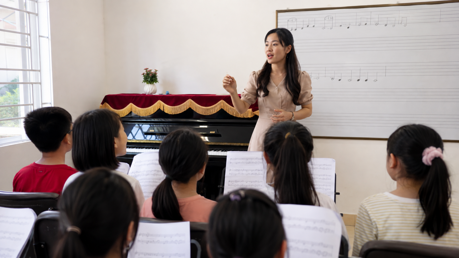 Công việc của giáo viên âm nhạc kết hợp giữa chuyên môn nghệ thuật và kỹ năng giảng dạy