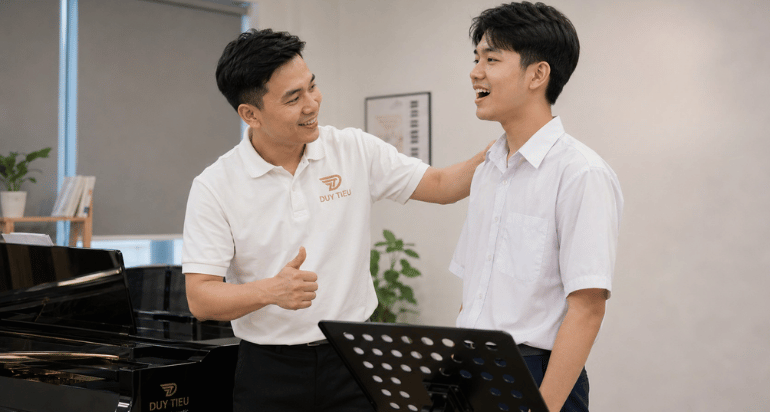Một giáo viên âm nhạc đang động viên học sinh sau giờ học, phong cách ảnh thực tế.
