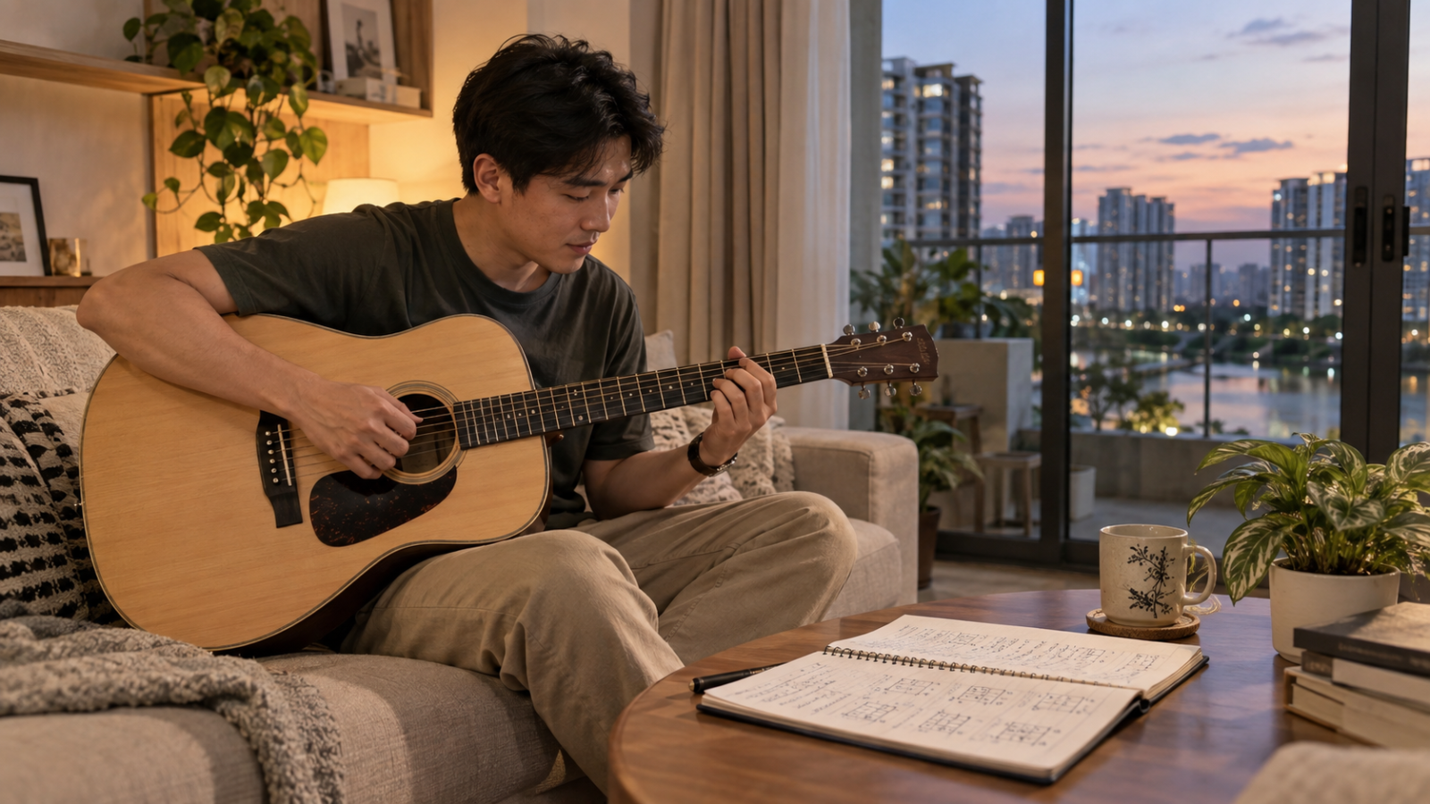 Học viên luyện tập đàn Guitar Acoustic tại nhà sau buổi học tại Mizuki Park