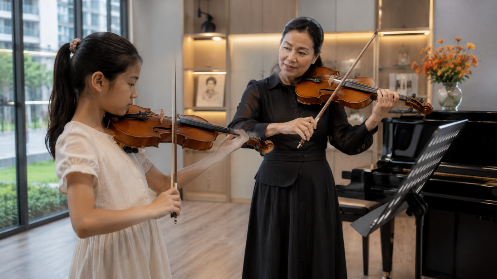 Giáo viên theo sát giúp học viên chỉnh kỹ thuật violin ngay từ đầu.