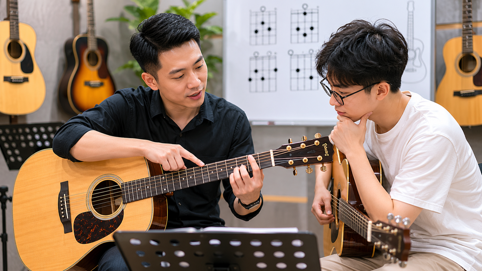 Học viên đang học nhận biết cấu trúc hợp âm trên đàn guitar tại lớp học âm nhạc