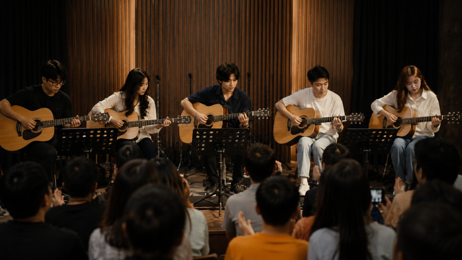 Vietnamese guitar students performing confidently on a small community stage, modern music academy event, audience enjoying the performance, realistic emotions, contemporary setting, authentic Vietnamese people, cinematic lighting, ultra realistic photography, 16:9, no text, no logo