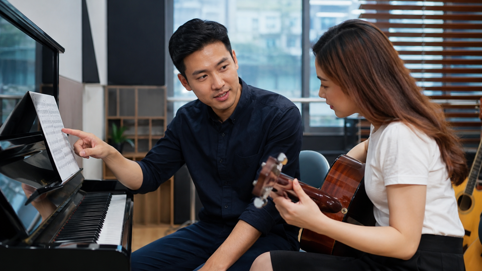 Học viên tìm hiểu lý thuyết hợp âm và cấu trúc gam F#m tại lớp học âm nhạc