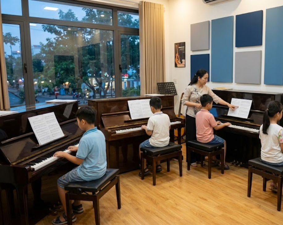 Giáo viên theo sát từng học viên trong lớp nhóm piano.