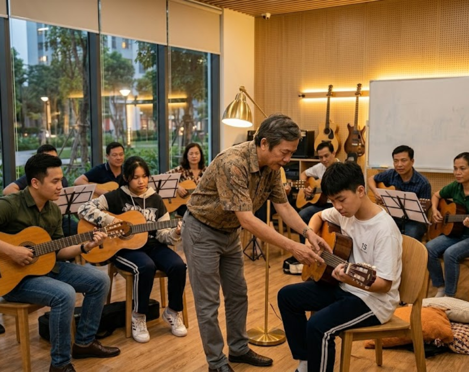 Lớp nhóm guitar giúp học viên học vui và có thêm động lực luyện tập.