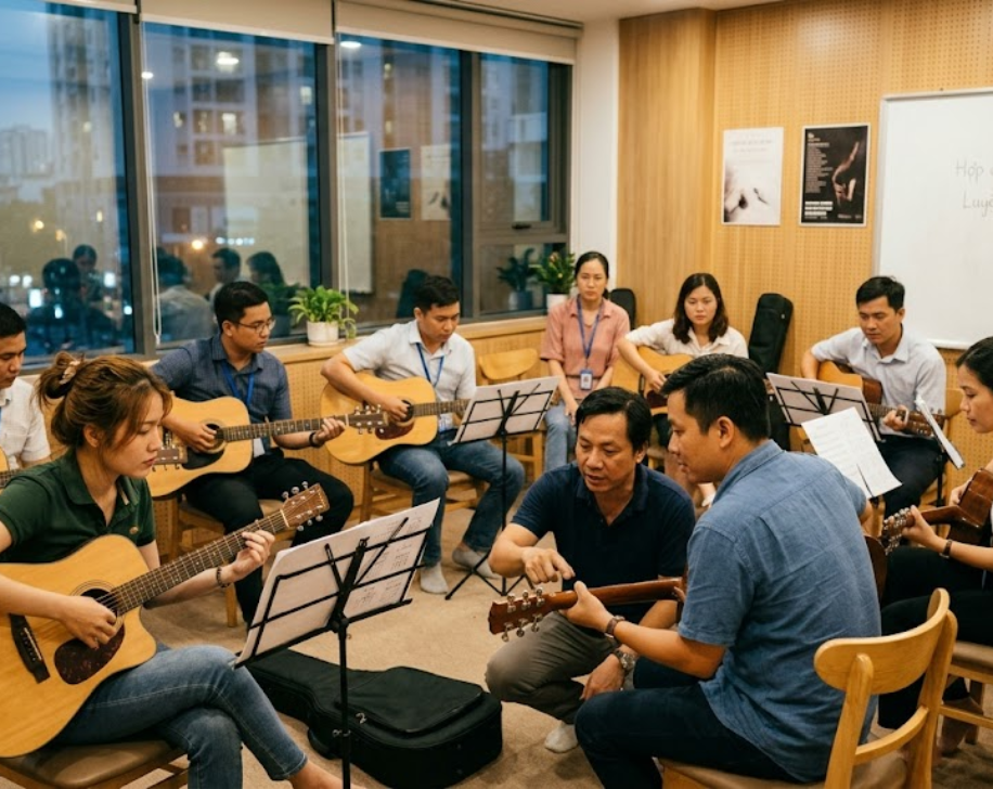 Người đi làm vẫn có thể học guitar hiệu quả trong môi trường lớp nhóm linh hoạt.