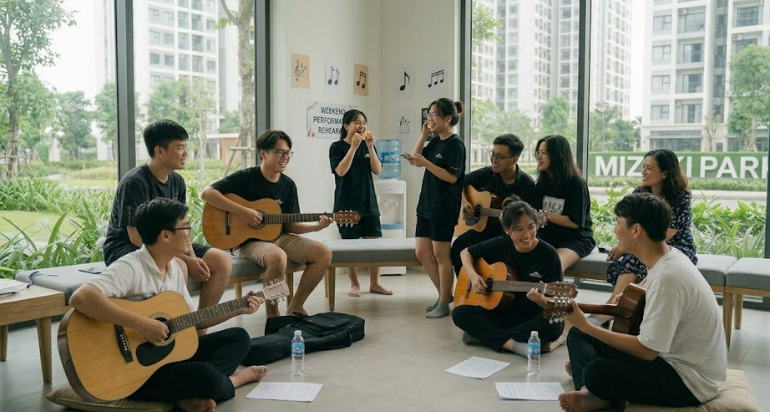 Học guitar cùng bạn bè mang đến nhiều niềm vui và động lực.