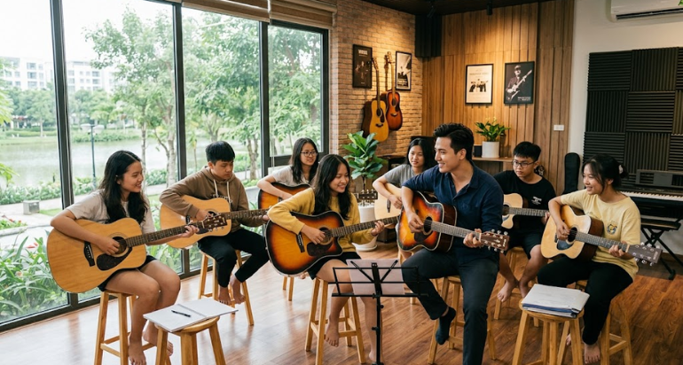 Không khí học guitar nhóm tại Duytieu Music Mizuki Park.
