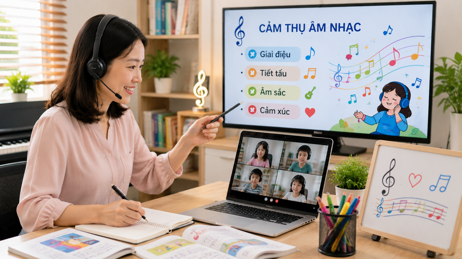 Giáo viên giảng dạy trực tuyến và trực tiếp với học viên ở nhiều độ tuổi.