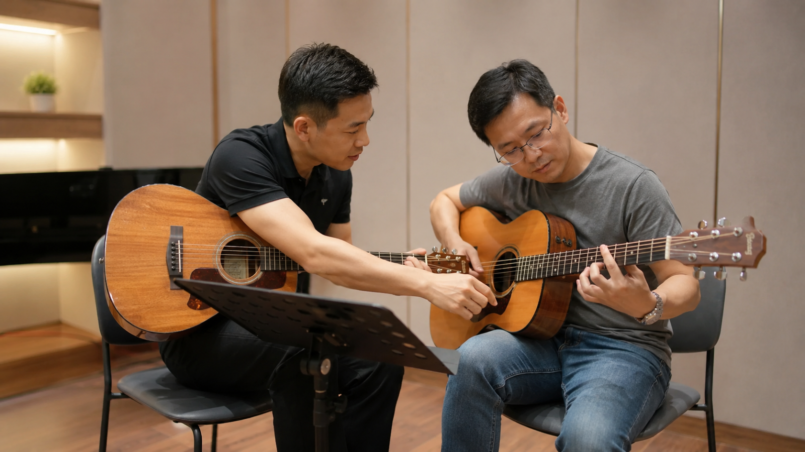  Học viên người lớn luyện tập Guitar dưới sự hướng dẫn của giảng viên.