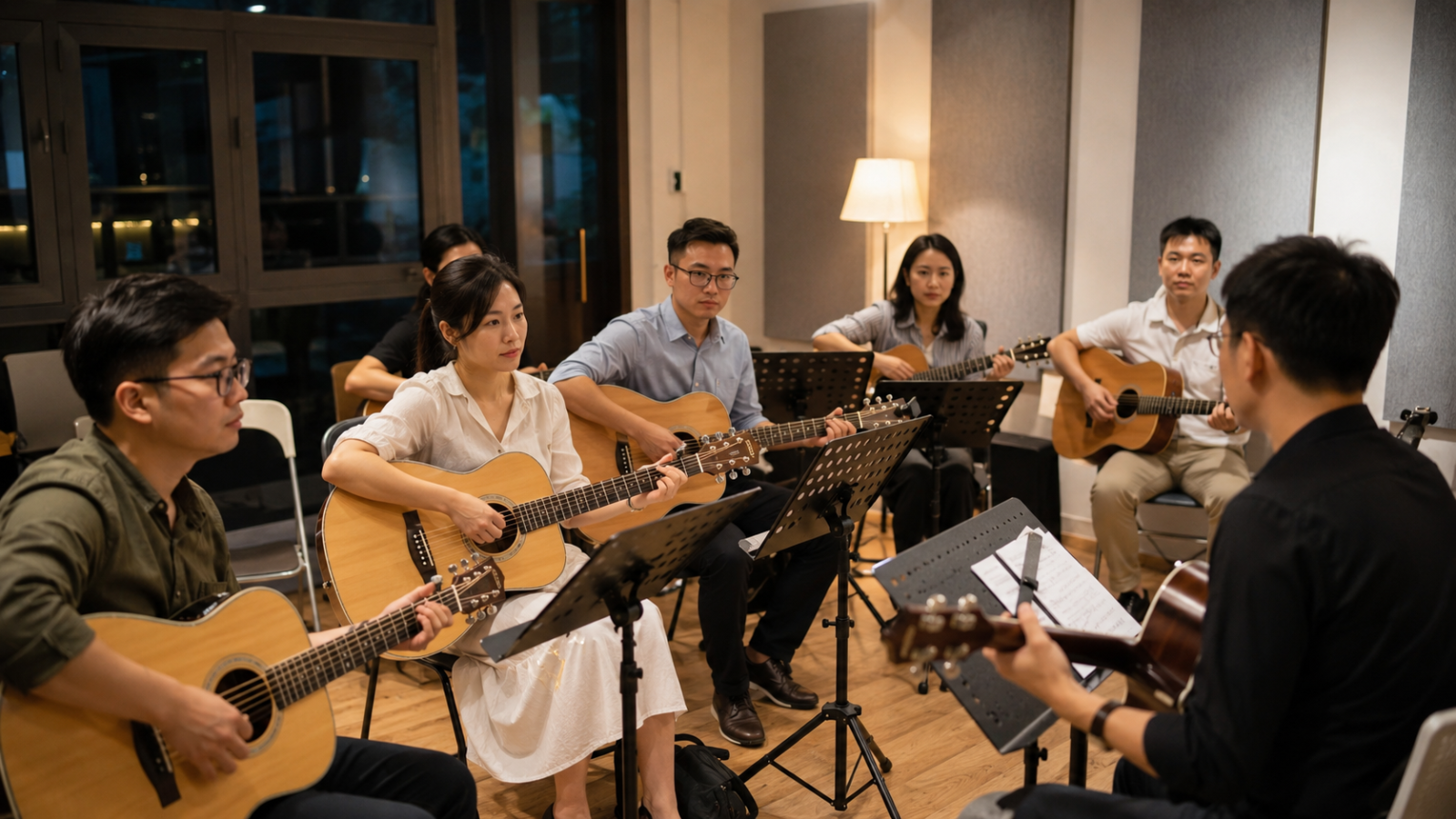 Lớp Guitar buổi tối với không khí học tập thoải mái và thân thiện.