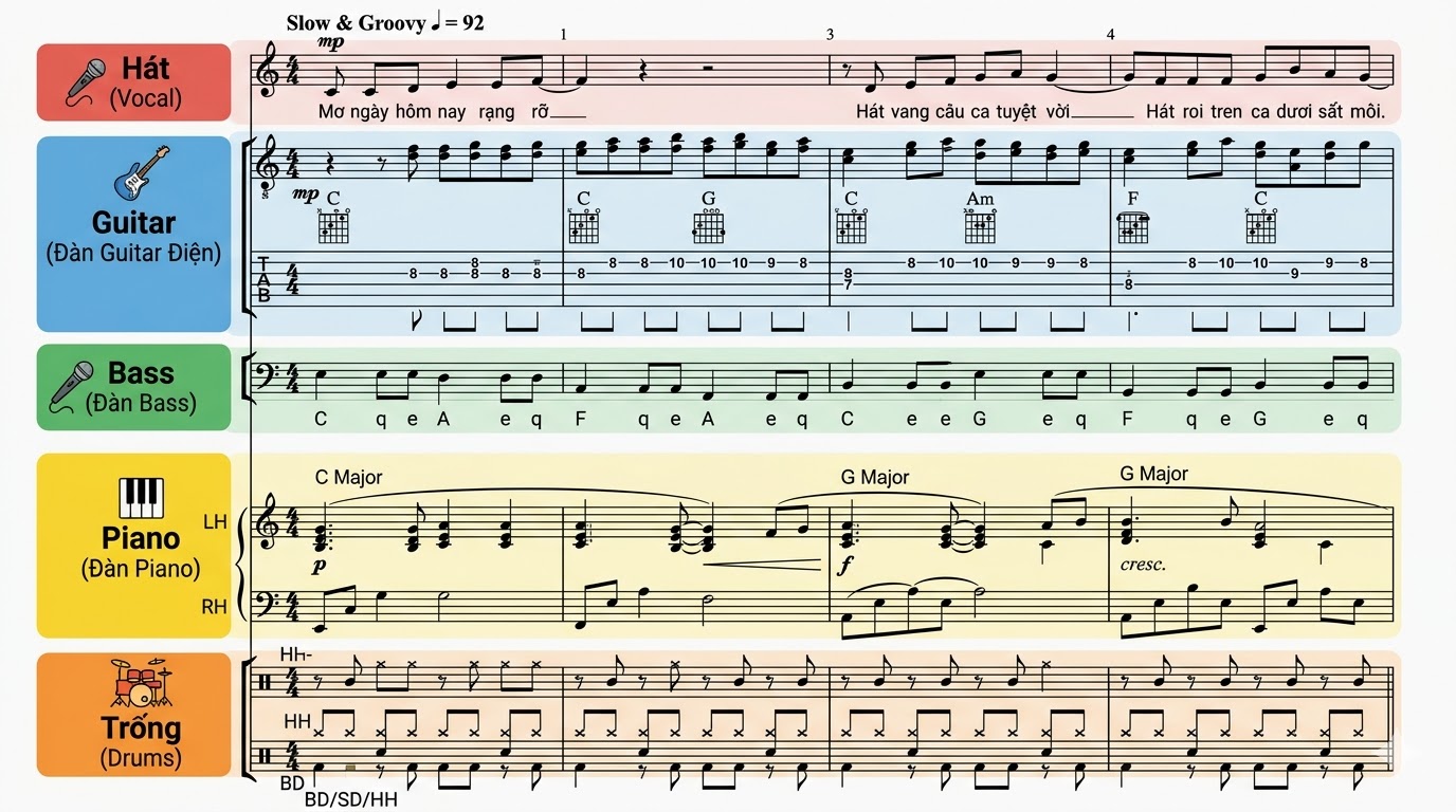 Tổng phổ hiển thị tất cả phần nhạc của từng nhạc cụ trong cùng một bản nhạc