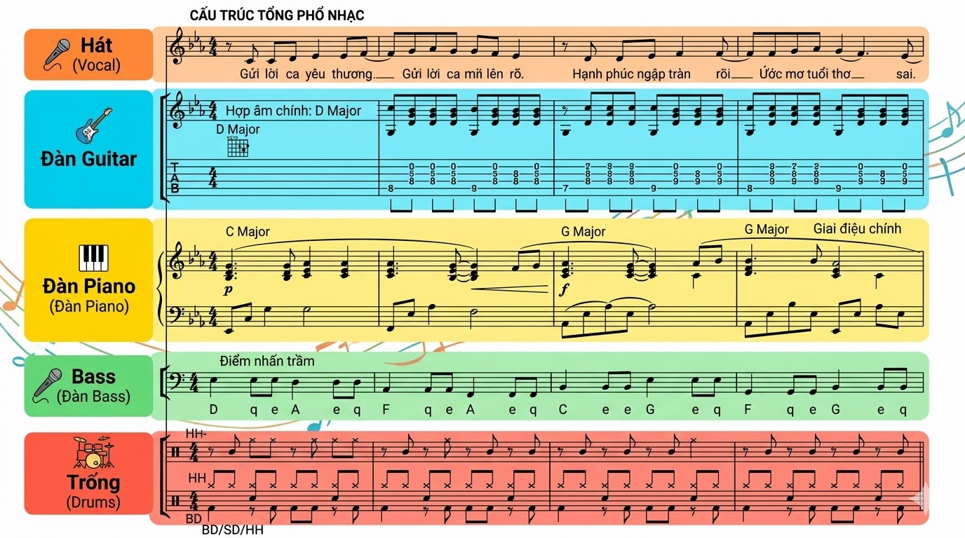 Cấu trúc tổng phổ cho thấy vai trò của từng nhạc cụ trong bài nhạc.
