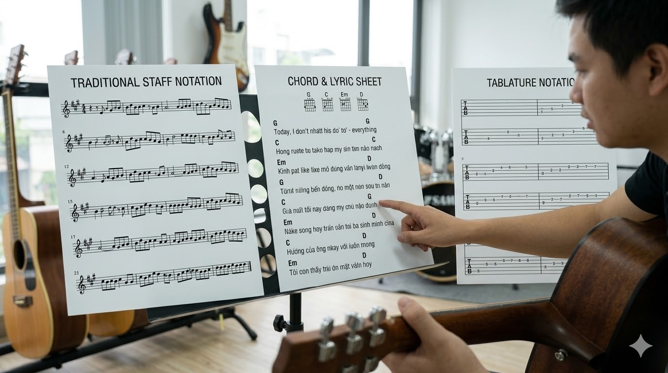 Sheet nhạc guitar có nhiều dạng khác nhau tùy theo cách biểu diễn.